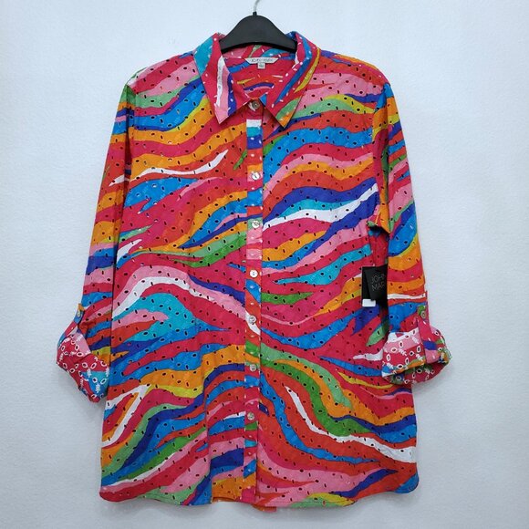 John Mark Eyelet Embroidered Watercolor Roll-Tab Sleeve Button Front Top Large - Picture 2 of 14